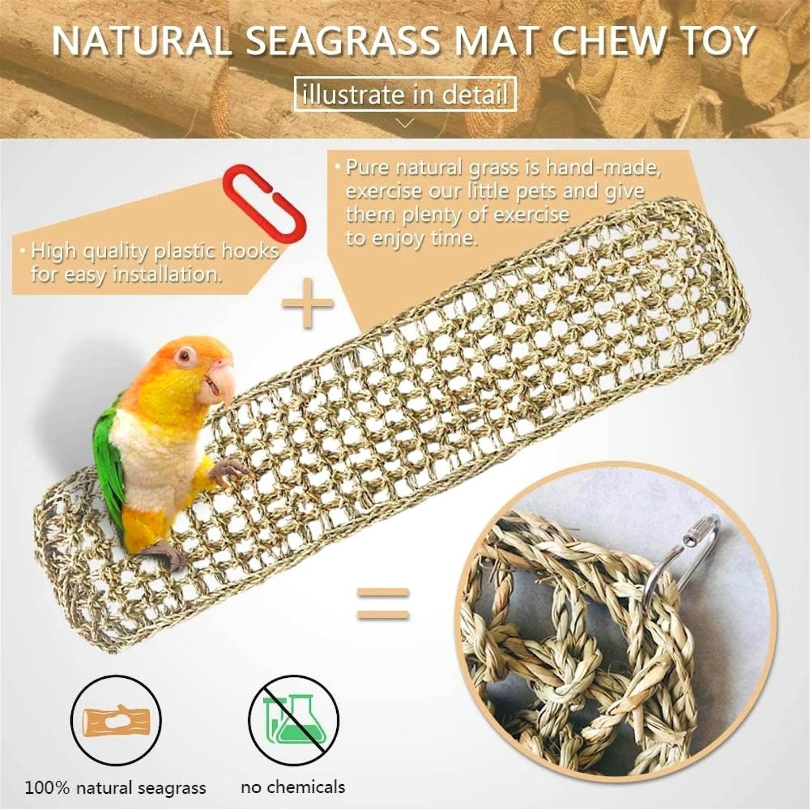 2Pcs Bird Seagrass Mat 20.5  8   Natural Grass Woven Net Hammock Hanging on Cage Parakeet Climbing Rope Ladder Chew Toys for L